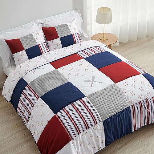 Sweet Jojo Designs Red, White and Blue Baseball Patch Sports Boy Full/Queen Kid Teen Bedding Comforter Set - 3 Pieces - Grey Patchwork Stripe