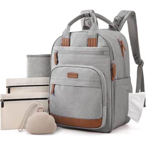 mommore Diaper Bag Backpack, Insulated & Waterproof, Stroller Straps, Light Gray