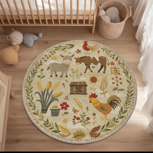 Farm Animal Kids Rug: Round Nursery Playroom Carpet