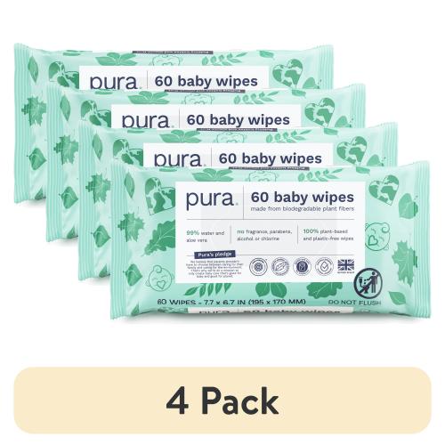 (4 pack) Pura Fragrance Free Sensitive EWG Verified Plastic Free Wipes, 60 Count (Choose Your Count)