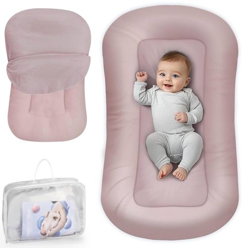 Baby Lounger - Baby Lounger Pillow for Newborn, 0-24 Months, Infant Lounger for Home and Travel, Soft Cotton, Co Sleeping Baby Nest, Newborn Babies Essentials Gifts, Pink (Lounger Cover Included)