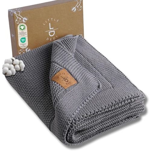 100% Organic Cotton GOTS Certified Baby Knitted Blanket with Gift Box - Soft Toddler, Crib, Stroller Blanket - Neutral Swaddle and Receiving Blanket for Newborns, 30"x40", Dark Grey