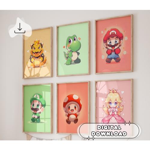 Set Of 6 Cute Super Mario Bros Wall Art - Nursery Decor, Chibi Super Mario, Mario and Luigi, Nursery Prints, Digital Download, Play Room Art