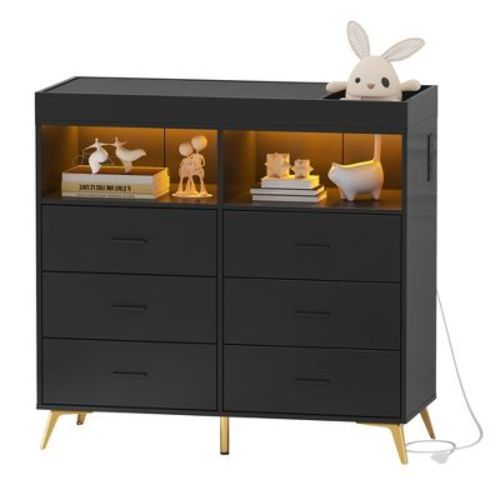 6 Drawer Dresser, Baby Changing Table Dresser, Convertible Nursery Dresser for Infant Essentials, Modern Changing Table Top with Pad Included, Black