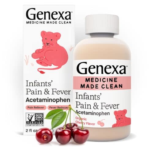 Genexa Infants’ Clean Pain & Fever Acetaminophen, Dye Free, 0% Artificial Additives, Delicious Organic Cherry Flavor, Liquid Oral Suspension Medicine for Baby, 160 mg per 5mL, 2 fl oz