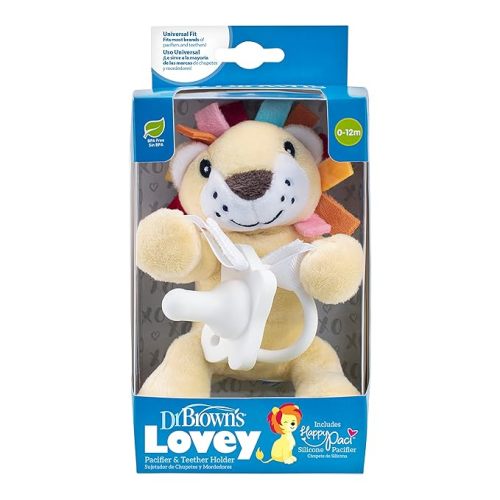 Dr. Brown's Baby Lovey Pacifier and Teether Holder, Lion with White HappyPaci, 100% Silicone, 0-6m
