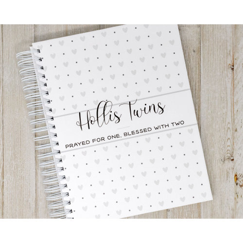 Personalized Twin Baby Book - Hardcover Baby Memory Book for Twin Boys or Twin Girls - Gray Hearts