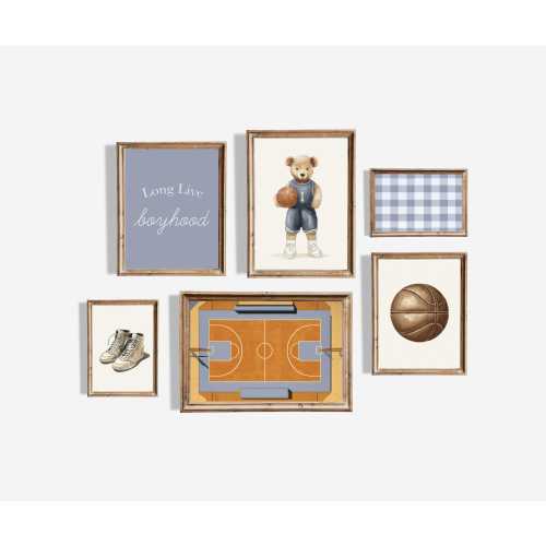 Basketball Nursery Wall Art Set – Boyhood Teddy Bear Sports Prints (Digital Download)