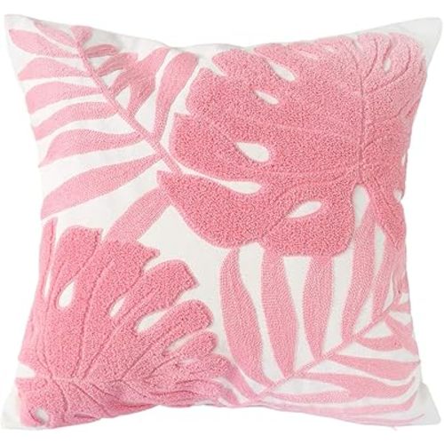 Embroidery Throw Pillow Cover 18x18 Home Decor Floor Pillow Cover for Couch Sofa Chair 100% Cotton Loop Embroidered Pink Tropical Leaves Cushion Cover Square Pillowcase 45x45cm, 1 Piece