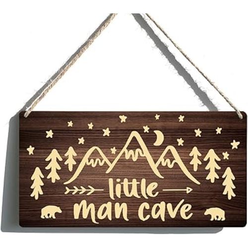 Little Man Cave Sign - Woodland Nursery Wall Decor for Baby Boys, Rustic Bear Forest Animal Nursery Decor, Wooden Wall Art for Boys Bedroom, Baby Boy Room Decor Farmhouse Wood Sign 6x12 Inch