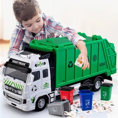 Educational Alloy Garbage Truck Toy for Kids with Self-Loading, Self-Dumping, and Garbage Classification Features
