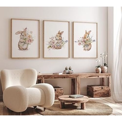 3 Pieces Watercolor Floral Canvas Poster Prints Wildflower Bunnies Nursery Wall Art Painting for Girls Room Nursery Decor Ready To Hang