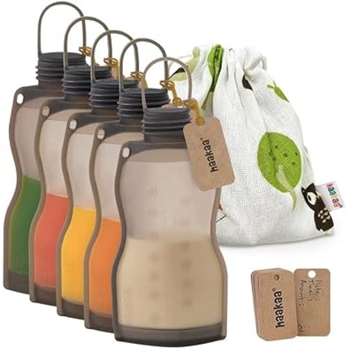 haakaa Silicone Milk Storage Bag,Reusable Breast Milk Bags for Breastfeeding,Food Grade Silicone,BPA Free,9 oz/260 ml，5pack