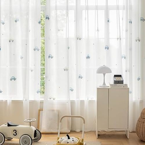 KMSG Cartoon Car Printed Sheer Curtains for Kids Room Nursery Lovely Tulle Voile Drapes for Childrens Bedroom Living Room Grommet Top Light Filtering Window Treatments 1 Panel W42 x L84 Inch
