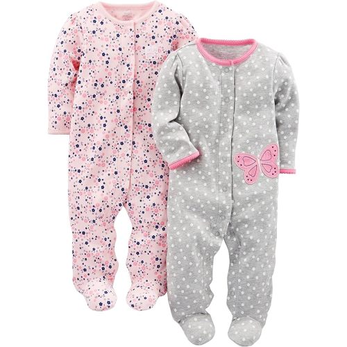 Simple Joys by Carter's baby-girls 2-pack Cotton Snap Footed Sleep and Play - 6-9 Months - Grey Butterfly/Pink Floral