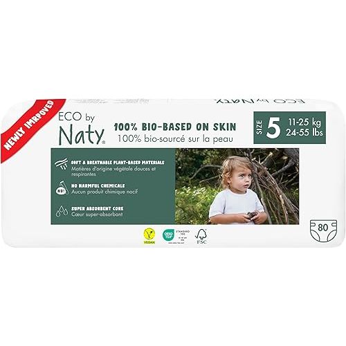 Eco by Naty Eco-Friendly Baby Diapers - 100% Plant-Based Materials on Skin, Soft, for Sensitive Skin & Super Absorbent (Size 5, 80 Count)