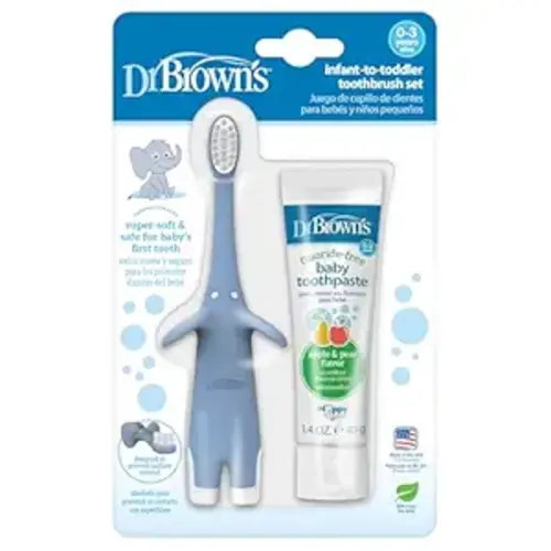 Dr. Brown's Infant-to-Toddler Training Toothbrush Set, Blue Elephant with Fluoride-Free Apple Pear Baby Toothpaste, 0-3 years