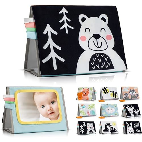 Soft Tummy Time Book with Large Stimulating Baby Safe Mirror - Fun High Contrast Baby Toy, Montessori Crinkle Paper & Teether - Perfect Toy for Safe Early Newborn/Infant Development 3-6/6-12 Months