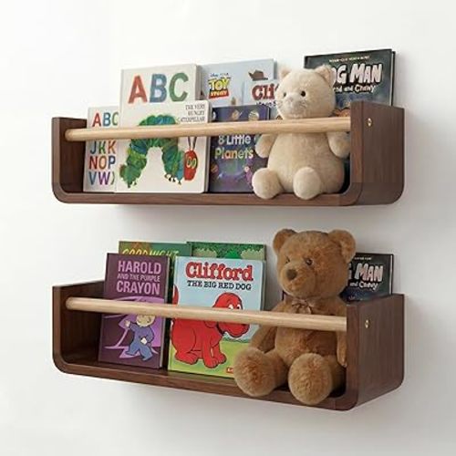 Ovalo Nursery Book Shelves Set of 2 - Solid Pine Wood Nursery Bookshelf, Floating Nursery Shelves for Wall, Wall Bookshelf for Kids Room, No-Assembly Wall Mounted Baby Book Shelf. (Walnut Brown)