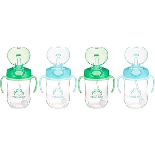 Mama Bear Sippy Cup, Silicone, 9 Ounces | Weighted Straw | Pack of 4 | Blue/Green