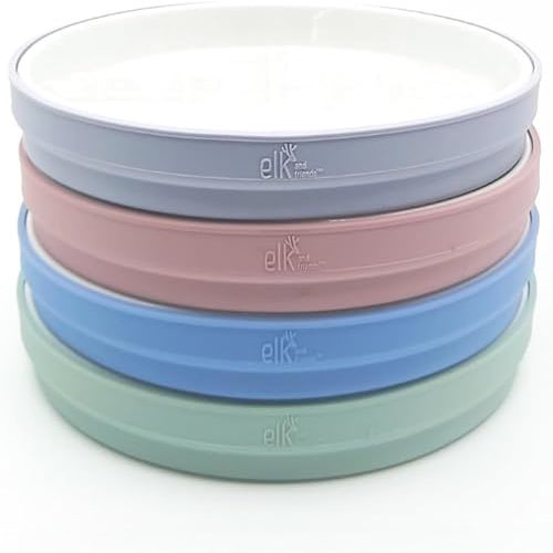 Elk and Friends Kids 7.8” Porcelain White Plates with Silicone Sleeves | Suitable for Kids/Toddlers | Microwave & Dishwasher Safe | Non Slip | Snack Dishes