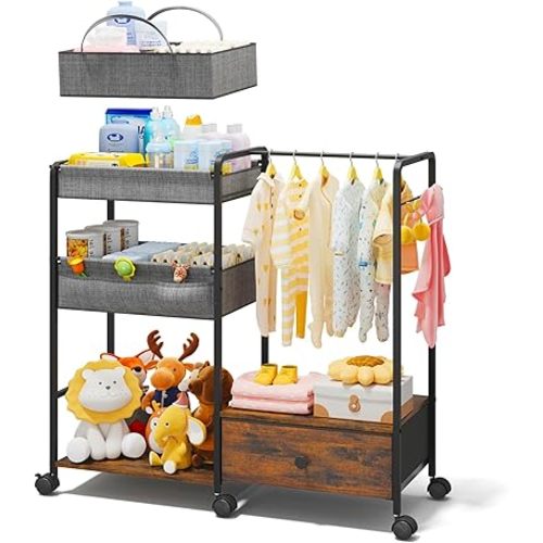 BBLIKE 3in1 Diaper Caddy Organizer - Diaper Caddy & Rolling Diaper Cart with Kids Clothing Rack for Nursery and Baby Essentials, Multi-Function Utility Cart for Bedroom and Bathroom, Black&Brown