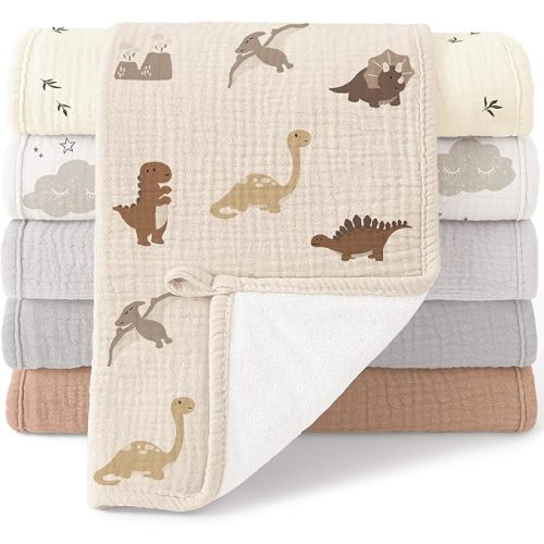 Bearmoss Muslin Burp Cloths, 100% Cotton Baby Burping Clothes, Large Extra Soft Absorbent for Unisex Newborn Boy and Girl, 20x10in, 6 Pack, Grey Print