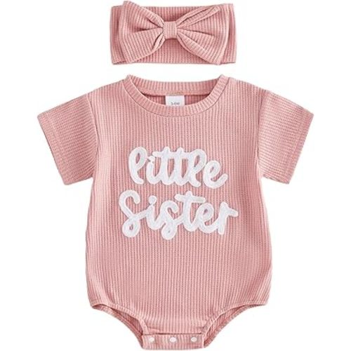 Infant Baby Girl Summer Outfit Short Sleeve Little Sister Lil Sis Bubble Romper Jumpsuits Newborn Waffle Clothes
