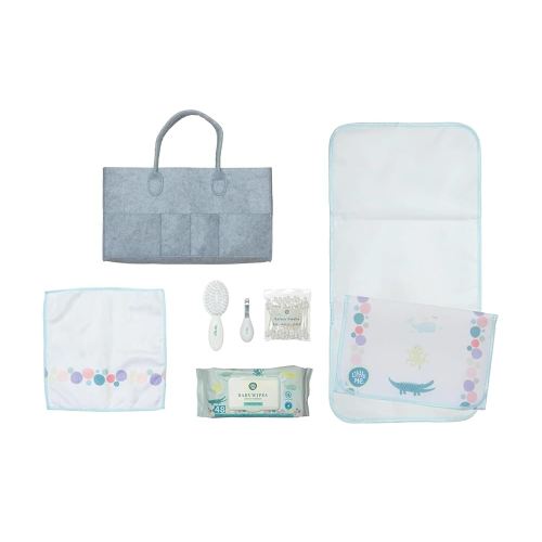 Little Me Accessories Caddy 7-Piece Baby Care Bundle with 60 Count Hypoallergenic Wipes, Hard Travel Case, Portable Changing Pad, Soft Wash Cloth, Nail Clippers, Safety Swabs, and Hairbrush