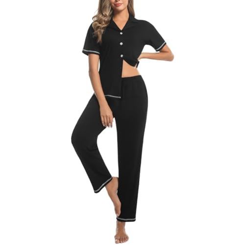 difficort Womens Pajama Sets Short Sleeve Button Down with Long Pants Sleepwear Nightwear Soft Pjs Lounge Sets with Pocket