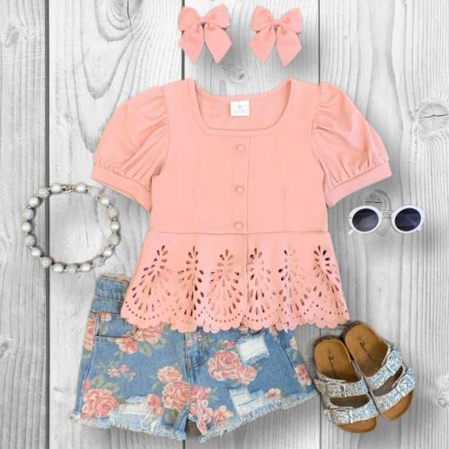 Girls/Toddler/Baby Pink Painted Rose Denim Short Set