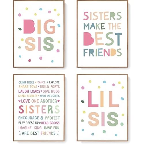 LARTSFRO Sisters Make The Best Friends Girls Wall Art Decor Posters, Baby Little Gril Nursery Room Playroom Bedroom Bathroom Wall Art Decor, Inspirational Decor for Big Sister Little Sister Nursery Toddler Baby, Gifts for Kids 12x16 Inch Set of 4 Pcs (UNF