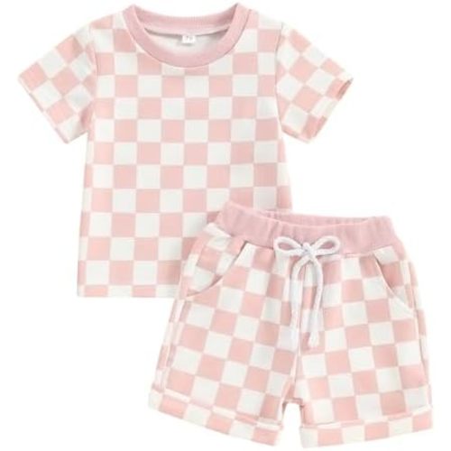 Toddler Baby Girl Outfit Newborn Girl Summer Clothes Short Sleeve T Shirt Checkerboard Top Set Elastic Waist Shorts