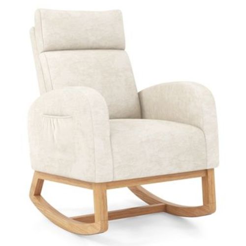 Costway Nursery Rocking Chair Upholstered Chenille Rocker Armchair w/ Side Pocket