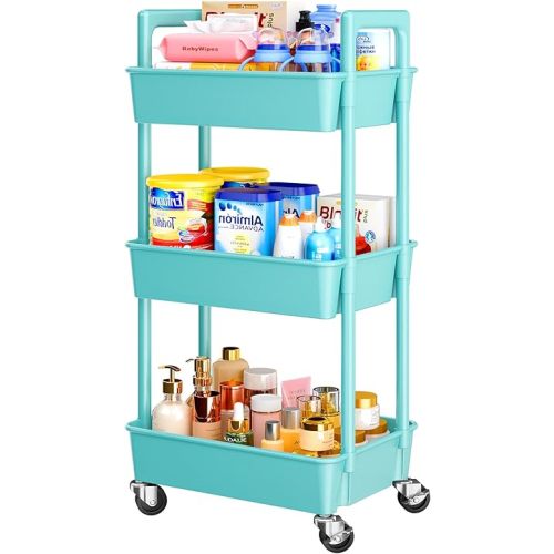 Pipishell 3 Tier Rolling Cart Organizer, Plastic Rolling Cart with Lockable Wheels & Reinforced Handle, Lightweight Utility Cart Storage Cart for Nursery, Kitchen, Bathroom, Craft Room, Turquoise