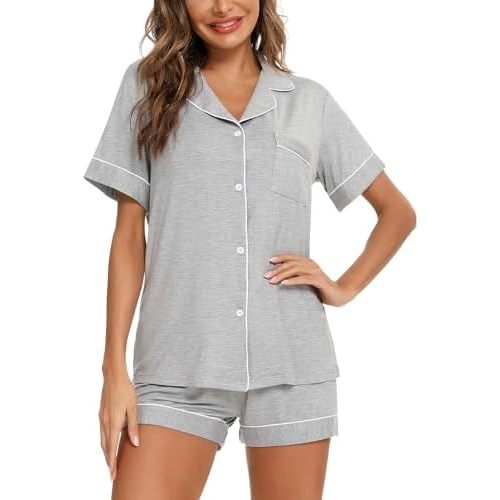 Aamikast Button Up Pajama Set for Women Shorts Short Sleeve Knit Sleepwear 2 Pice Pjs Sets