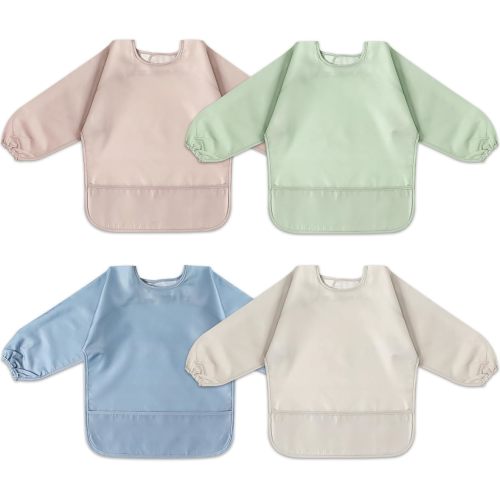 4 Pack Long Sleeve Bib, Waterproof Sleeved Smock for Baby Boy or Girl, Toddler Full Sleeve Bib Outfit, Reusable Bib with Pocket, Fits Ages 6-24 Months