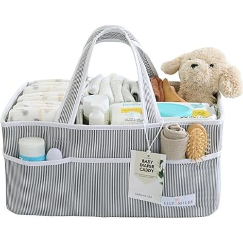 Lily Miles Baby Diaper Caddy Organizer, Baby Shower Basket for Newborn Boys or Girls, Nursery Must Haves for New Mom, Registry Favorites, Large Storage Tote for Changing Table or Car, Gray