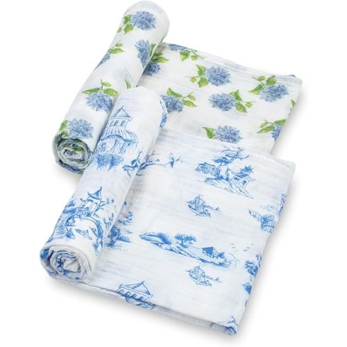 LollyBanks Swaddle Blanket | 100% Muslin Cotton | Newborn and Baby Nursery Essentials for Girls, Registry | Hydrangea and Chinoiserie 2 Pack