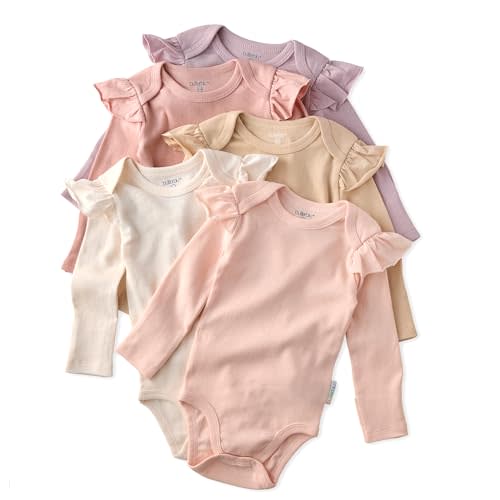 Butterblu Ashley 5-Pack Long Sleeve Ruffle Shoulder Bodysuits 100% Organic for Baby Girls