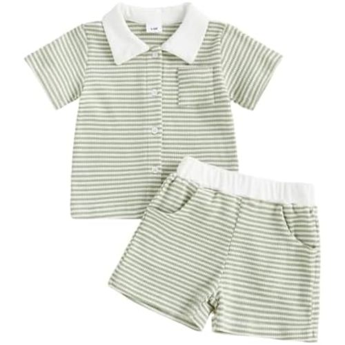 fhutpw Baby Toddler Boy Clothes Striped Button Down Shirt Tops + Elastic Waist Shorts Infant Boys Summer Outfits 2PCS Sets
