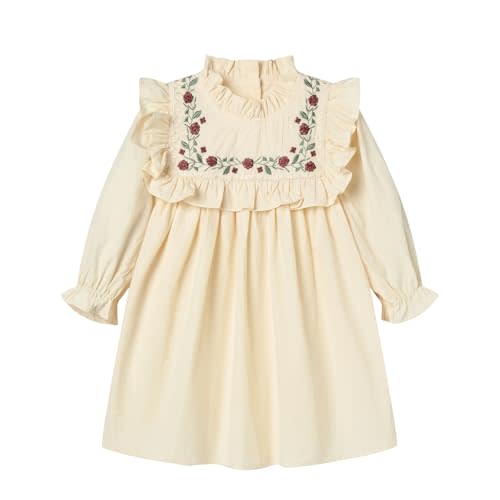 LittleSpring Girls Long Sleeve Dress with Stand Collar Floral Embroidery