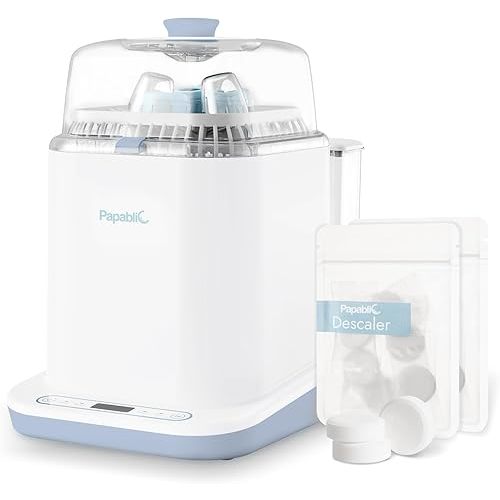 Papablic Bottle Washer Pro, Baby Bottle Washer & Sterilizer & Dryer for Bottles, Pump Parts, & Baby Essentials - Quick & Clean with 60 Detergent Tablets & 12PCS Descaling Tablets, Light Blue