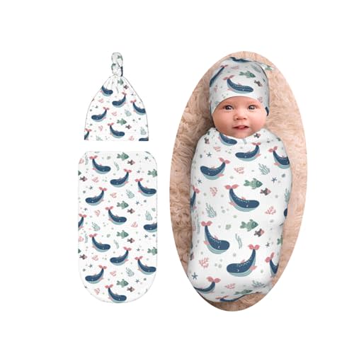 Cute Whale Baby Stuff Swaddle Blanket with Beanie Set, Fishes Ocean Swaddle Sack Newborn Sleeping Sacks for Girls Boys