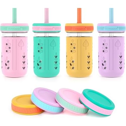 Tronco 12 oz Glass Sippy Cup for Kids & Toddlers | Mason Jar Smoothie Cups with Spill-Proof Silicone Straws, Non-Slip Silicone Sleeves & Lids, BPA-Free Snack Cups, Dishwasher Safe