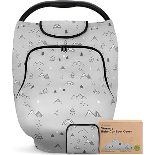 Baby Car Seat Cover for Boys, Girls - Breathable Infant Carseat Canopy for Winter, Rain, Universal Stretchy Fit Nursing Cover for Breastfeeding Newborns, Super Soft, Easy Access Zip Window (Woodland)