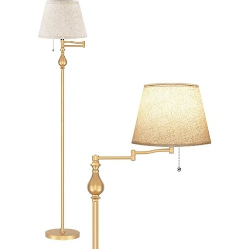 Vintage Floor Lamp with 350°Adjustable Swing Arm, 61” Mid-Century Modern Floor Lamp, Farmhouse Standing Pole Lamp, Antique Reading Lamp for Living Room, Bedroom, Office, Linen Shade, Gold DE13LD05
