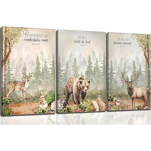 3Pcs Woodland Animal Nursery Wall Art Wild Animals Forest Posters Prints Deer Bear rabbit Christian Canvas Wall Decor for Boys Room Girls Room painting pictures Framed