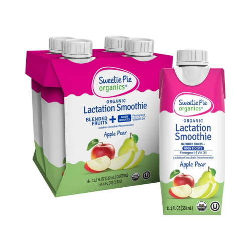 Sweetie Pie Organics Lactation Smoothie, Support Breastmilk Production, Apple Pear, 11.1oz, 4 Pack