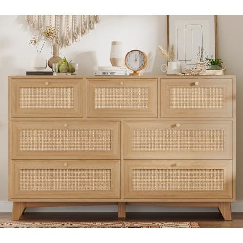 VIAGDO Rattan Dresser for Bedroom, 7 Drawer Dresser with Natural Rattan Drawers, Wooden Wide Cabinet with Gold Handles, Modern Closet Storage Chest of Drawers for Nursery Entryway Living Room